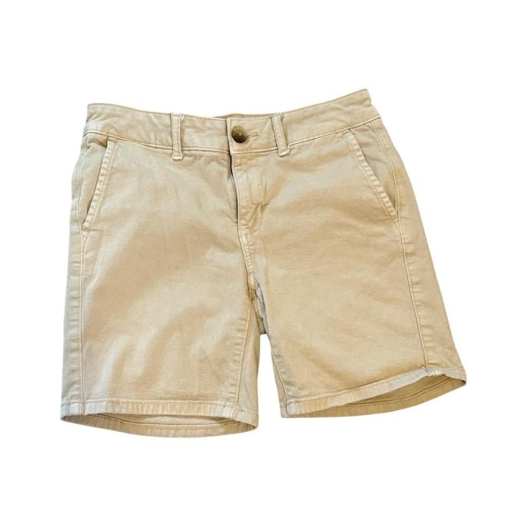 American Eagle Womens Khaki Chino Shorts Tan Stretch Size 0 Mid Rise Casual